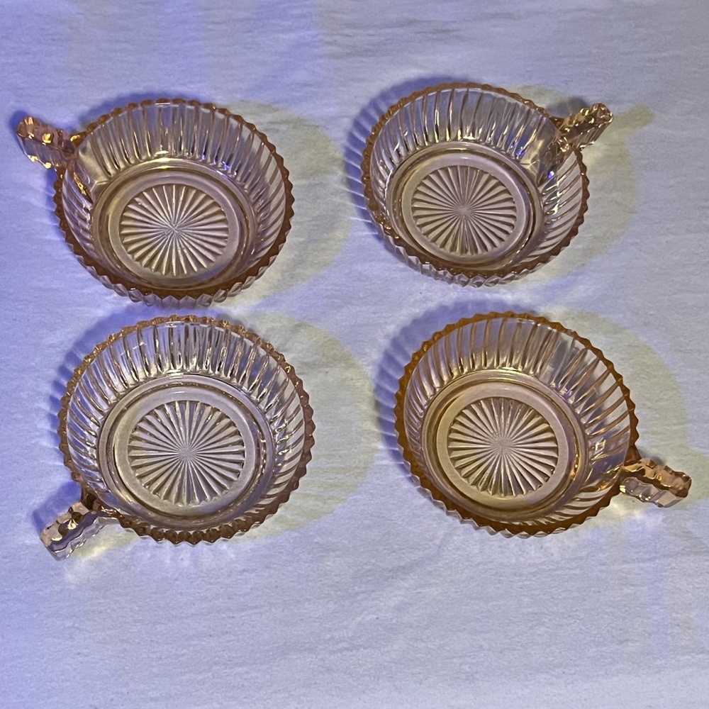 Vintage Anchor Hocking Queen Mary Pink Depression Glass Nappy w/ Handle~Set of 4